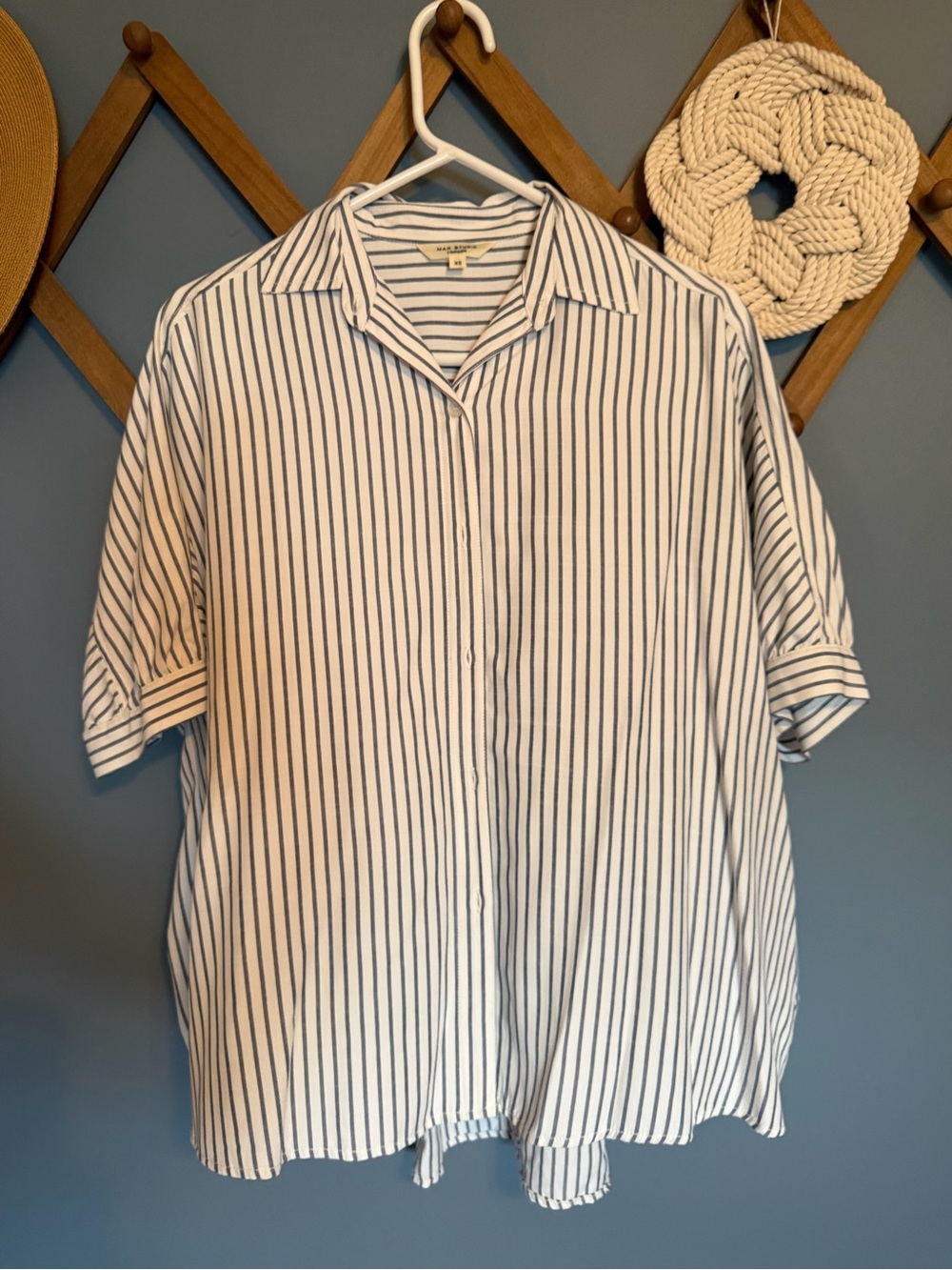 Max Studio White Button-Down Shirt with Navy Stripes